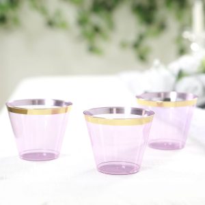 25-Pack Plastic Party Cups 9oz Purple Crystal with Gold Rim - Short Disposable Drink Tumblers